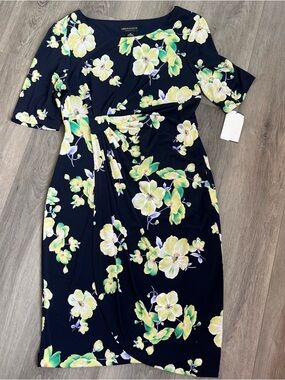 Connected Apparel Floral Dress Size 12 Navy Yellow Ruched Waist NWT